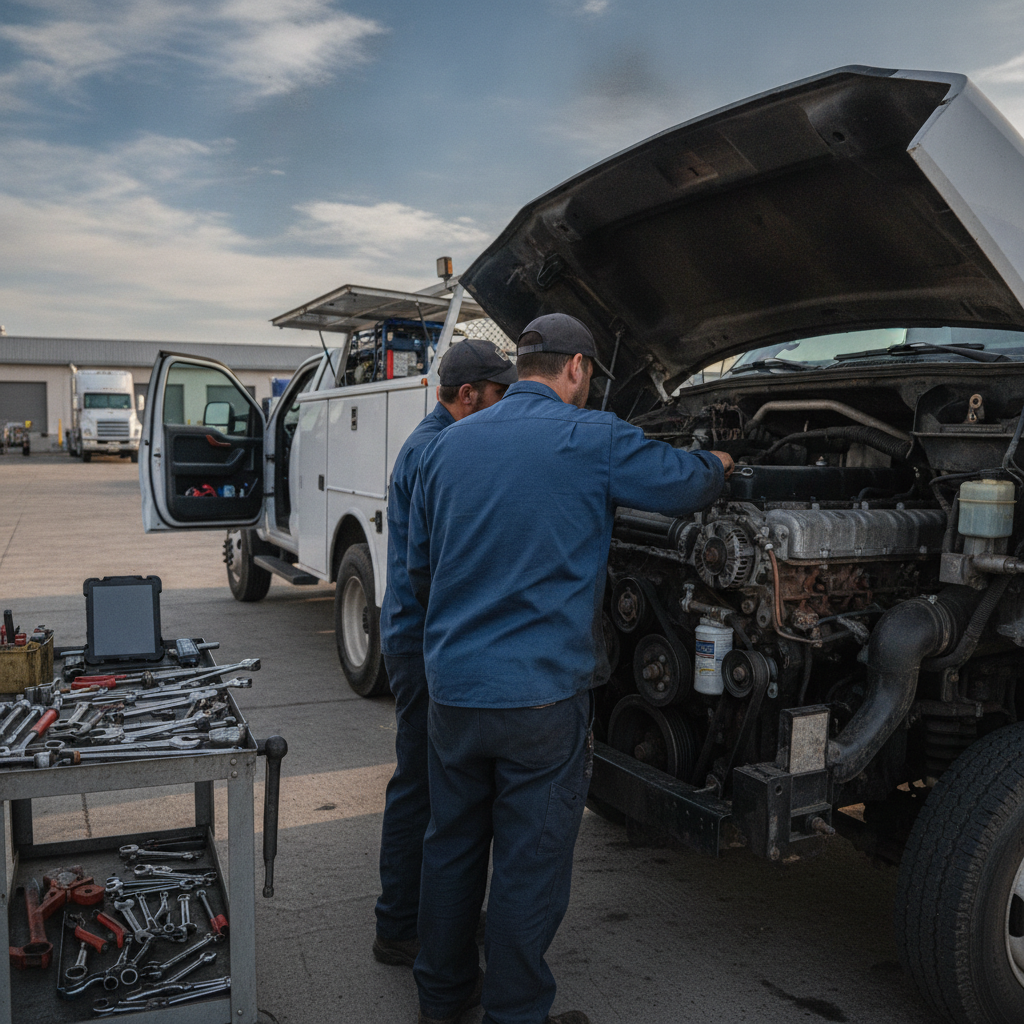 Create a realistic, professional service-business photograph showing Mobile Truck Engine Repair from behind, with the backs of their heads visible. Do not show any faces, facial features, front-facing views or side views, profiles, or ident